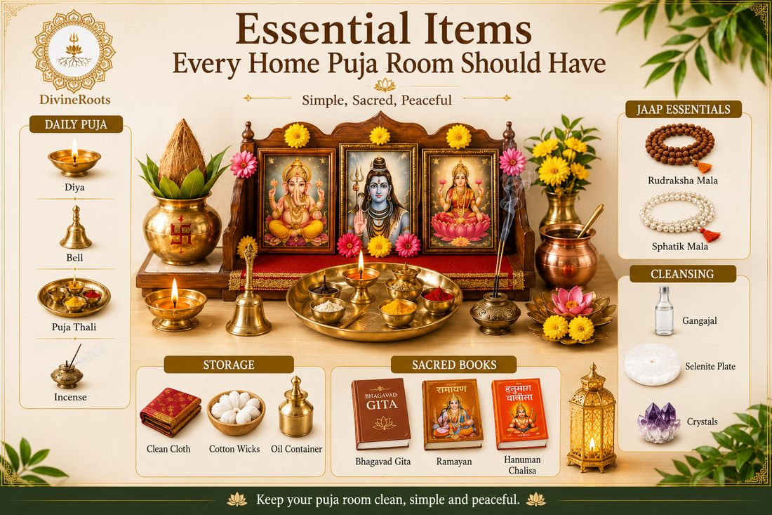 Home puja room with diya, bell, puja thali, incense, Rudraksha Mala, Sphatik Mala, Gangajal, Selenite Plate, sacred books and DivineRoots branding