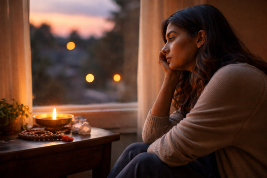 A person sitting quietly by a window at dusk with a softly lit diya and rudraksha beads, reflecting emotional heaviness and calm during the evening hours