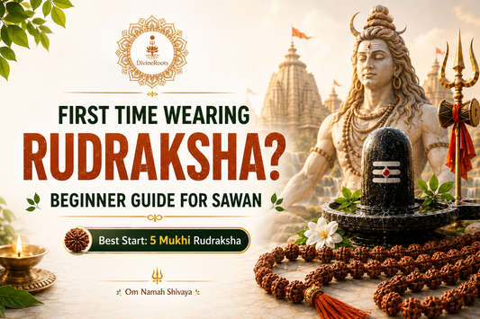 DivineRoots infographic showing Rudraksha Mala, Shivling and Lord Shiva theme, guiding first-time Rudraksha wearers in Sawan with 5 Mukhi Rudraksha as the best beginner option and Om Namah Shivaya practice