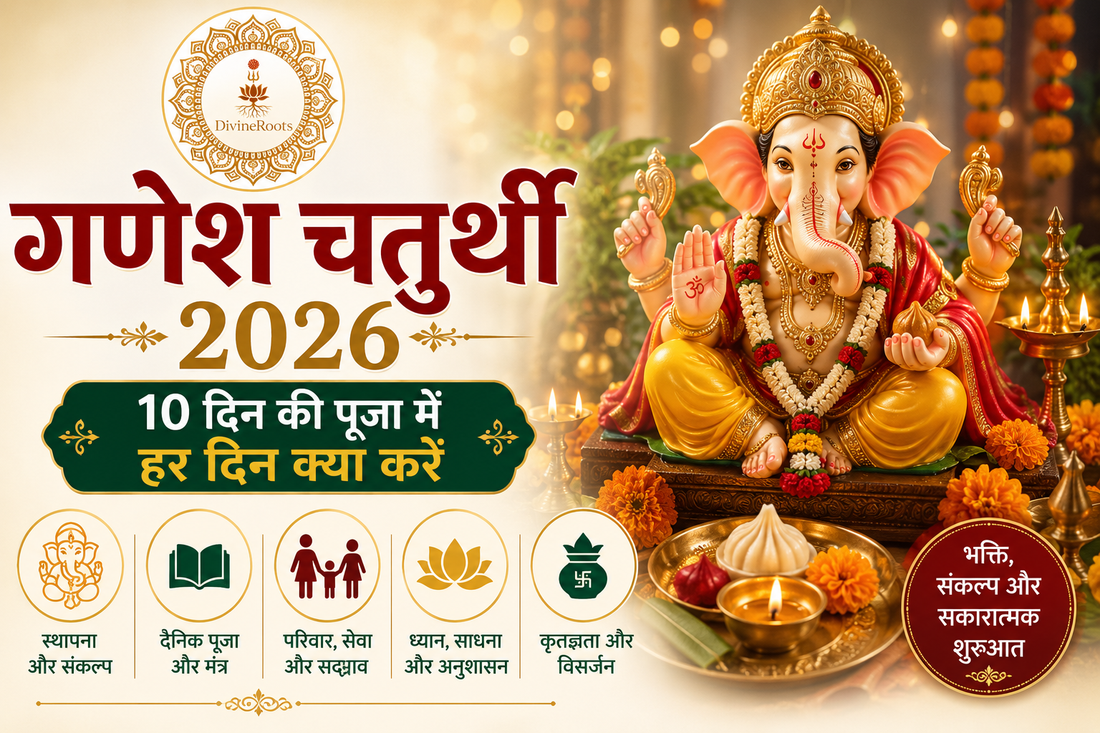 गणेश चतुर्थी 2026 के लिए DivineRoots blog hero image, जिसमें भगवान गणेश, पूजा थाली, मोदक, दीपक और 10 दिन की Ganeshotsav पूजा के daily spiritual routine को दर्शाया गया है।