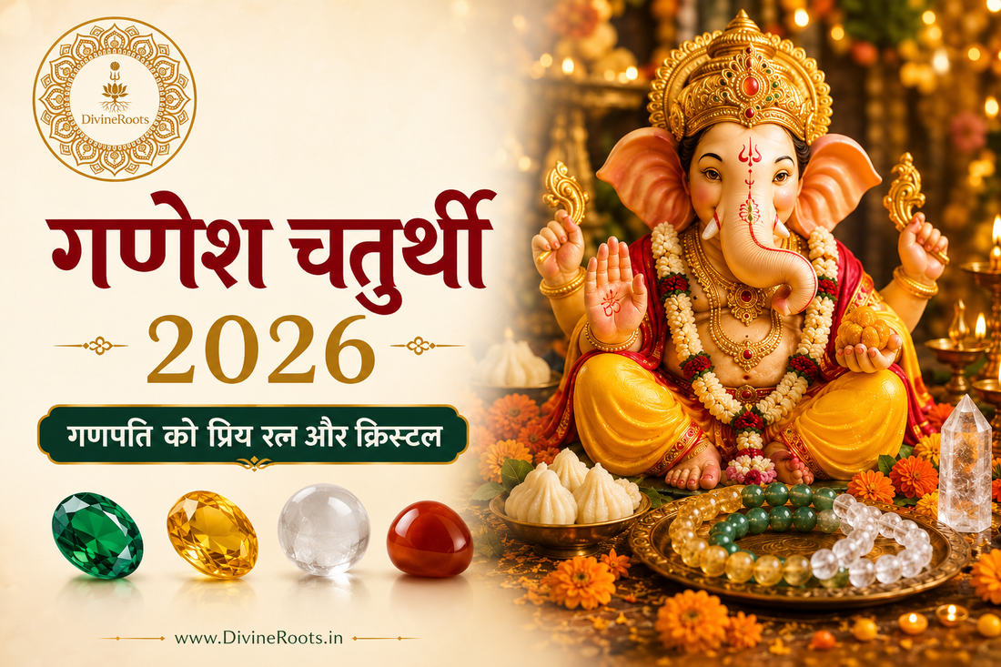 गणेश चतुर्थी 2026 के लिए DivineRoots blog hero image, जिसमें भगवान गणेश के साथ Emerald, Citrine, Sphatik और अन्य symbolic crystals दिखाए गए हैं, जो बुद्धि, समृद्धि, clarity और new beginnings के intentions को दर्शाते हैं।