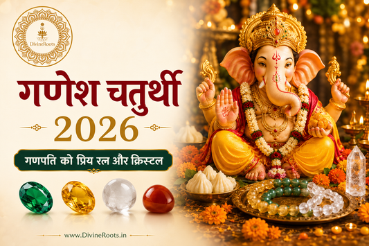 गणेश चतुर्थी 2026 के लिए DivineRoots blog hero image, जिसमें भगवान गणेश के साथ Emerald, Citrine, Sphatik और अन्य symbolic crystals दिखाए गए हैं, जो बुद्धि, समृद्धि, clarity और new beginnings के intentions को दर्शाते हैं।