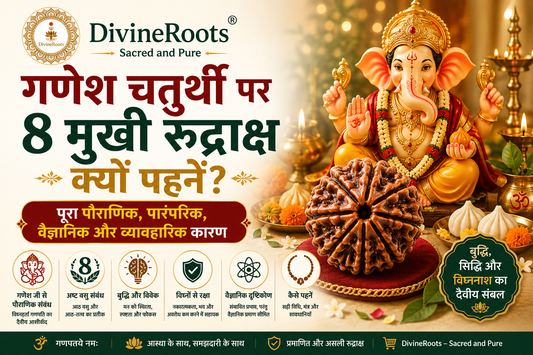 गणेश चतुर्थी पर 8 मुखी रुद्राक्ष पहनने के विषय की DivineRoots blog hero image, जिसमें भगवान गणेश, 8 Mukhi Rudraksha, दीपक, modak और devotional setup के साथ इसके पौराणिक, पारंपरिक और scientific perspective को दर्शाया गया है।