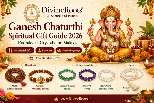 DivineRoots Ganesh Chaturthi 2026 blog hero image showing Lord Ganesha with 5 Mukhi Rudraksha Mala, Ganesha Rudraksha Bracelet, Green Aventurine, Amethyst, Clear Quartz/Sphatik bracelets and Sphatik Mala as spiritual gift ideas.