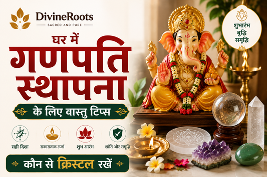 घर में गणपति स्थापना के लिए DivineRoots blog hero image, जिसमें भगवान गणेश के साथ Sphatik, Selenite, Amethyst और Green Aventurine crystals दिखाए गए हैं, जो पूजा स्थान, Vastu, clarity और positive intention को दर्शाते हैं।