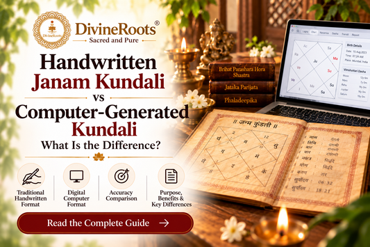DivineRoots blog hero image comparing a traditional handwritten Janam Kundali with a computer-generated Vedic birth chart on a laptop, alongside diya, astrology books and a traditional spiritual setting.