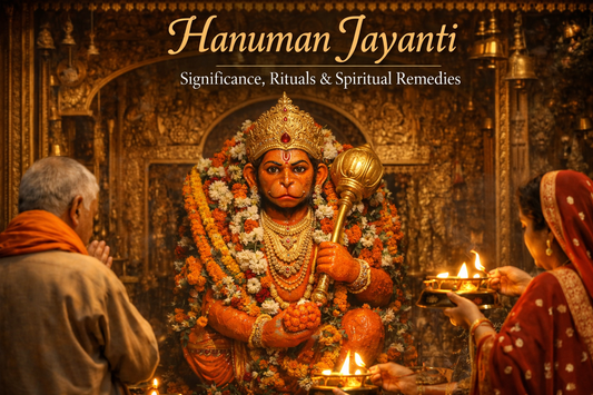 Hanuman ji idol covered in sindoor during Hanuman Jayanti temple puja with diya and devotees