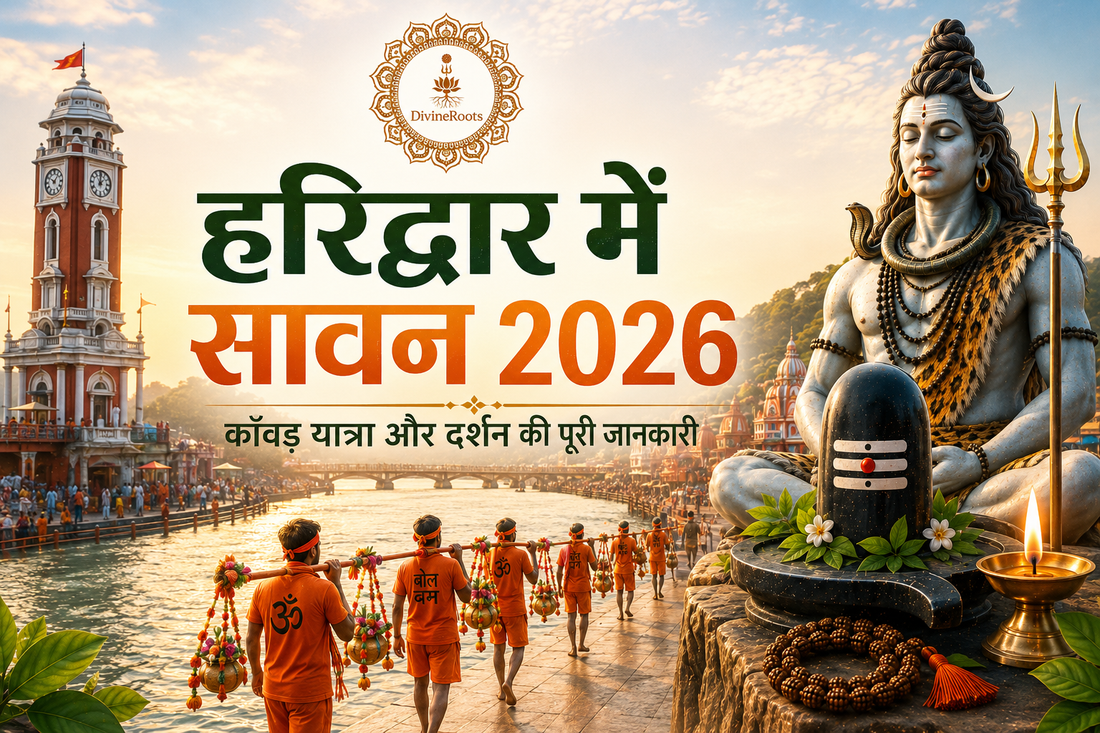 DivineRoots Hindi infographic showing Haridwar in Sawan 2026 with Har Ki Pauri, Kanwar Yatra devotees, Lord Shiva, Shivling, Rudraksha Mala, diya, Ganga river and darshan guide