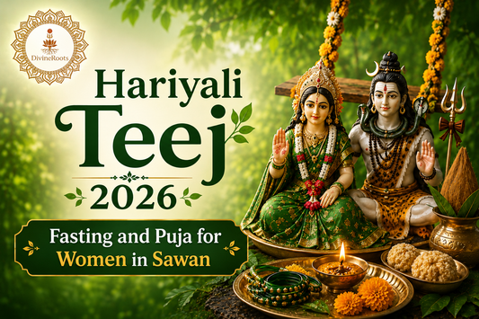 DivineRoots devotional image showing Hariyali Teej 2026 with Lord Shiva and Goddess Parvati, green Sawan background, puja thali, diya, bangles, sweets, flowers and fasting puja theme for women