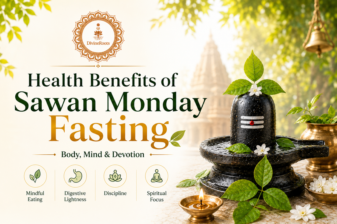 DivineRoots infographic showing Health Benefits of Sawan Monday Fasting with Shivling, Bel Patra, diya, temple background and wellness icons for mindful eating, digestive lightness, discipline and spiritual focus