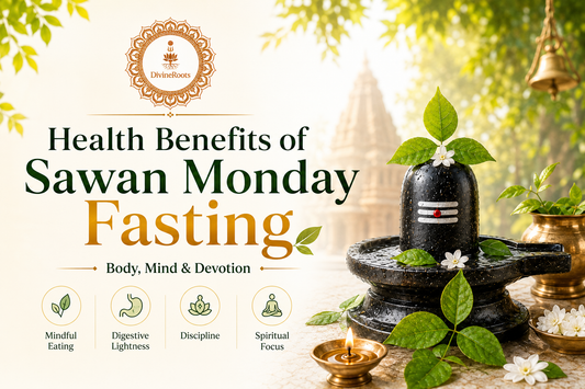 DivineRoots infographic showing Health Benefits of Sawan Monday Fasting with Shivling, Bel Patra, diya, temple background and wellness icons for mindful eating, digestive lightness, discipline and spiritual focus