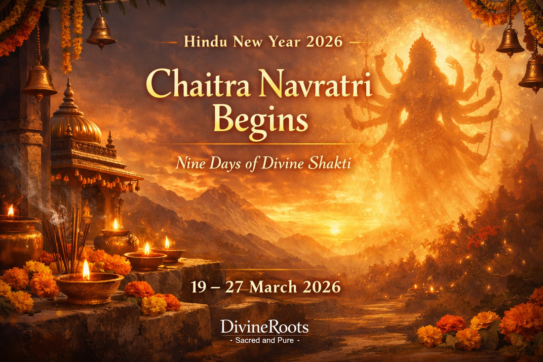 Hindu New Year 2026 and Chaitra Navratri beginning with divine image of Goddess Durga, temple diyas and sunrise spiritual scene