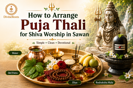 DivineRoots infographic showing Shiva Puja Thali arrangement in Sawan with water kalash, Bel Patra, diya, Rudraksha Mala, flowers, fruits, Lord Shiva, Shivling and sacred puja setup