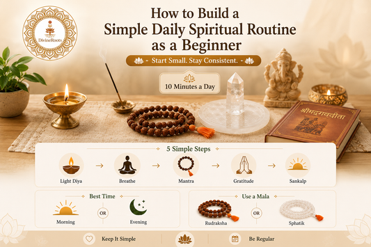 Simple daily spiritual routine for beginners with diya, incense, Rudraksha Mala, Selenite Plate, spiritual book and DivineRoots branding, showing easy steps like breathing, mantra, gratitude and sankalp