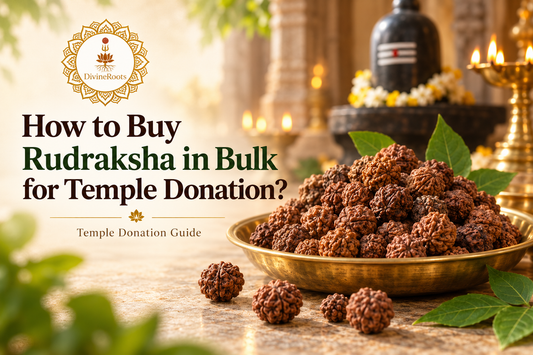 DivineRoots blog hero image showing natural-looking Rudraksha beads in a brass bowl inside a Shiva temple setting, representing a practical guide to buying Rudraksha in bulk for temple donation.