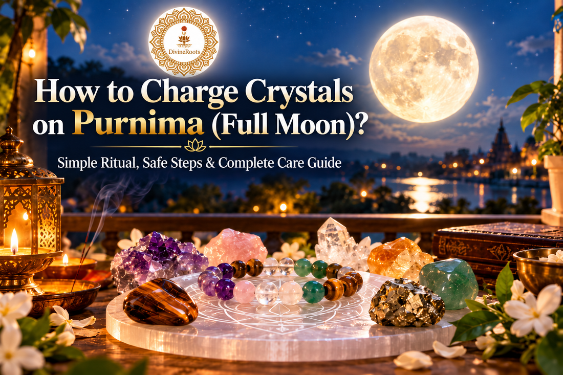 DivineRoots blog hero image showing crystals and bracelets placed on a Selenite plate under the full moon, representing a safe Purnima crystal charging ritual with moonlight, Sankalp and gentle spiritual cleansing.
