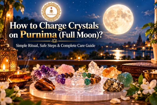 DivineRoots blog hero image showing crystals and bracelets placed on a Selenite plate under the full moon, representing a safe Purnima crystal charging ritual with moonlight, Sankalp and gentle spiritual cleansing.