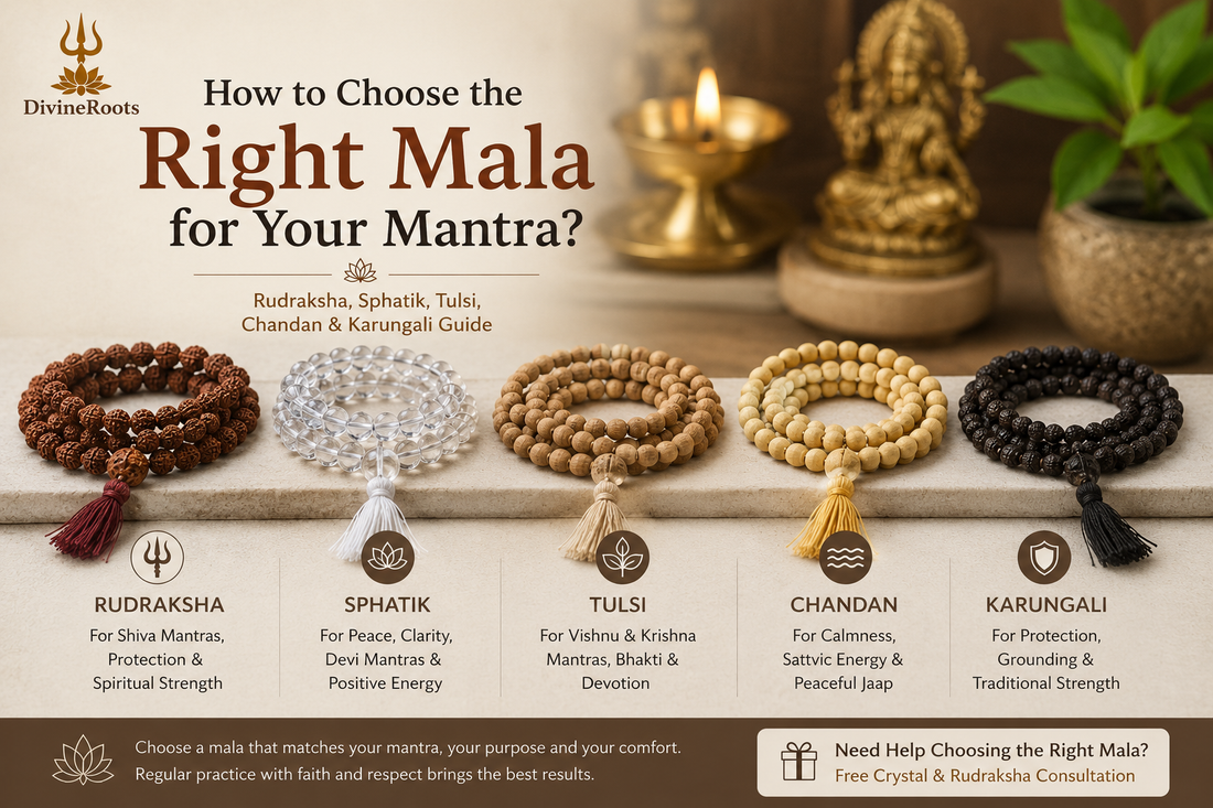 Rudraksha Mala, Sphatik Mala, Tulsi Mala, Chandan Mala and Karungali Mala shown together with DivineRoots branding, explaining how to choose the right mala for mantra, deity and spiritual purpose