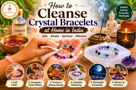 Crystal bracelets being cleansed at home in India using soft cloth, Gangajal, incense smoke, Selenite, moonlight and mantra intention