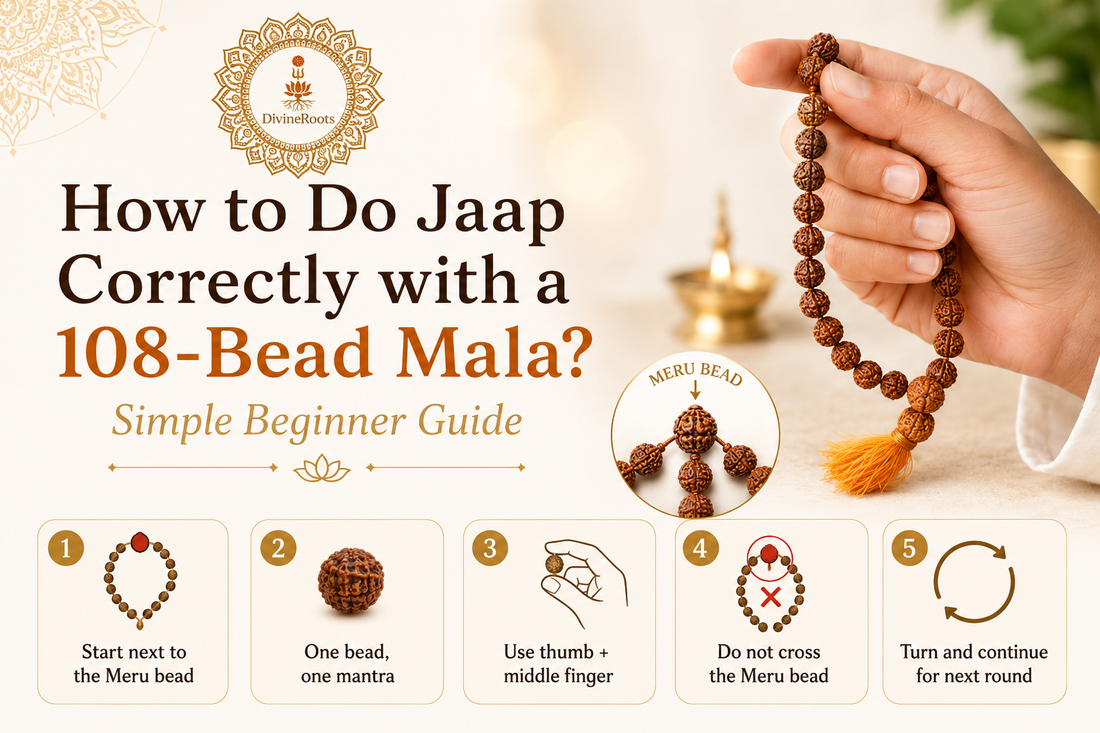 Realistic hand holding Rudraksha 108-bead mala with meru bead, diya and DivineRoots branding, showing simple steps for doing jaap correctly with one bead, one mantra and not crossing the meru bead