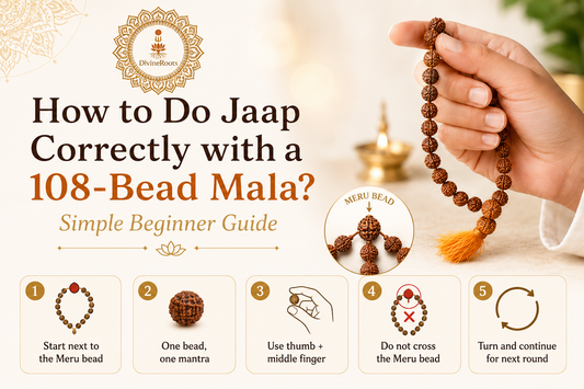 Realistic hand holding Rudraksha 108-bead mala with meru bead, diya and DivineRoots branding, showing simple steps for doing jaap correctly with one bead, one mantra and not crossing the meru bead