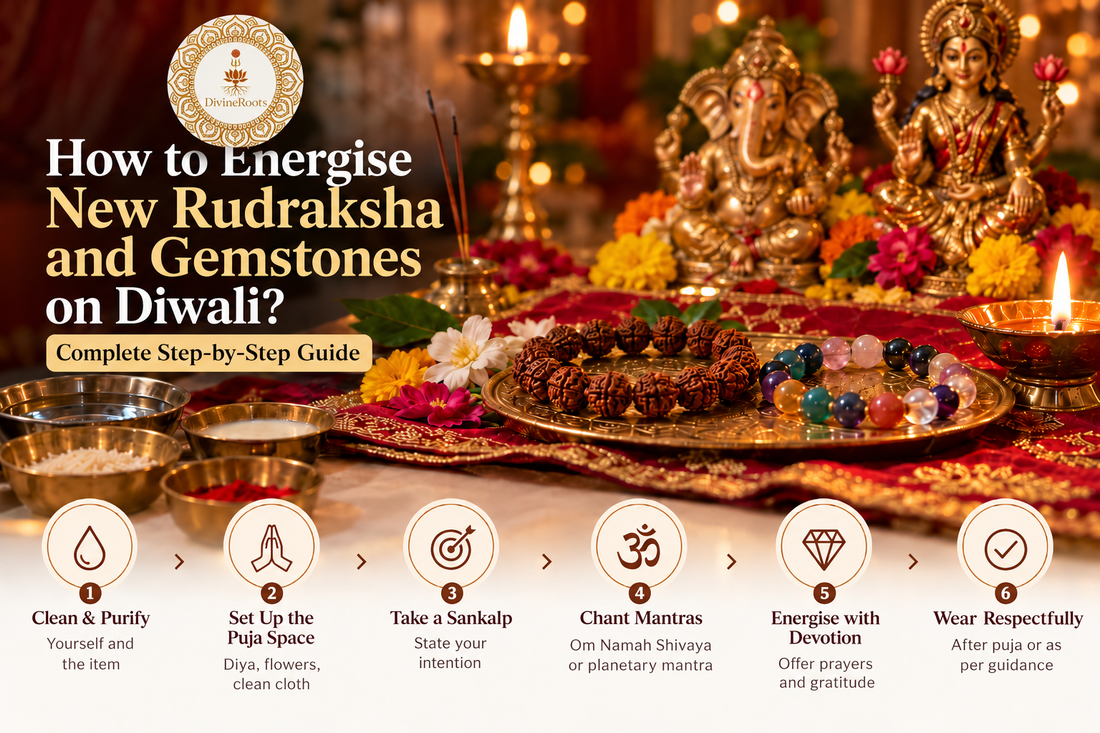 How to energise new Rudraksha and gemstones on Diwali with diya, Lakshmi-Ganesha puja setup, Rudraksha mala and gemstone bracelet - DivineRoots