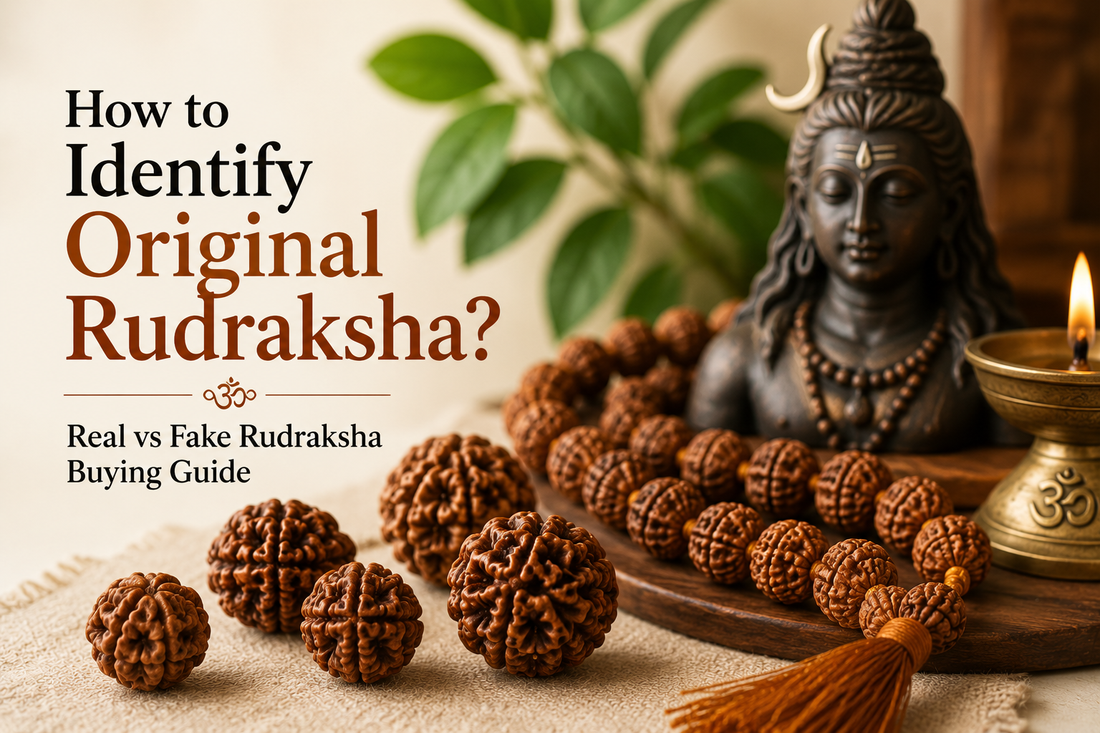 Original Rudraksha beads with natural mukhi lines placed near Lord Shiva statue and diya for real versus fake Rudraksha buying guide