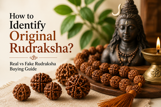 Original Rudraksha beads with natural mukhi lines placed near Lord Shiva statue and diya for real versus fake Rudraksha buying guide