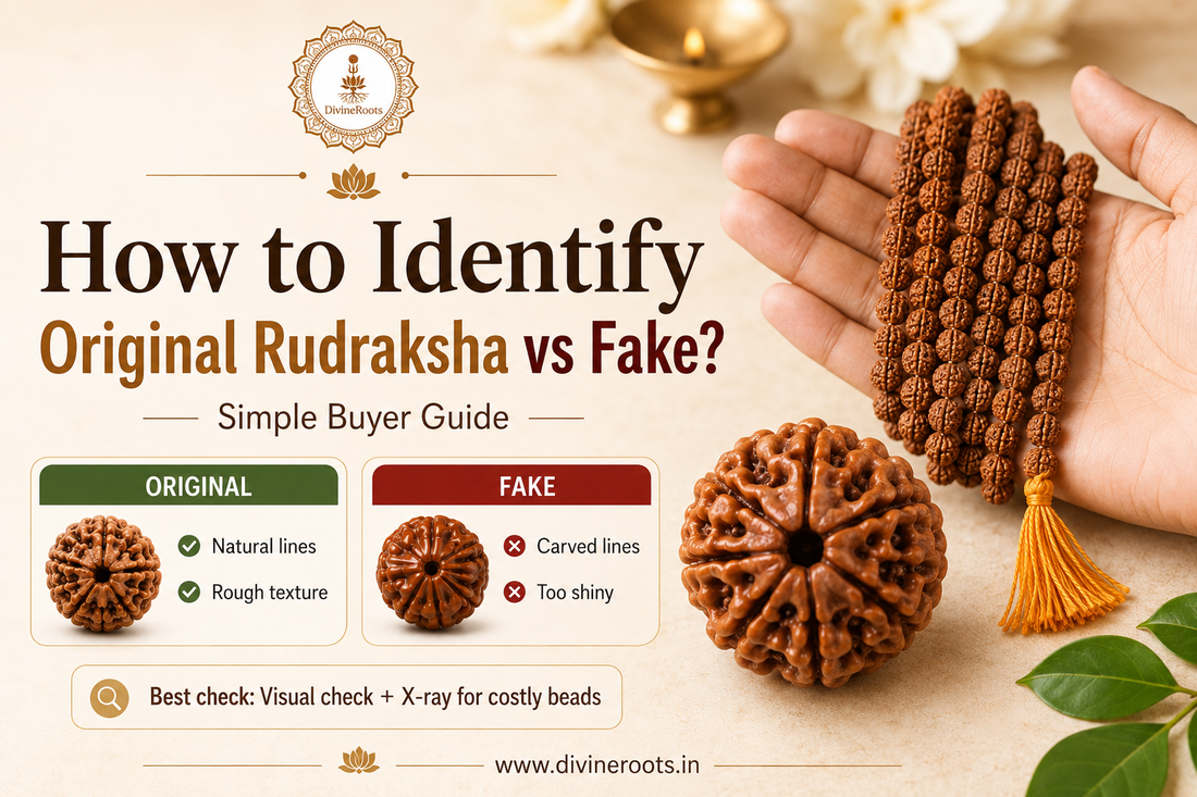 Realistic Rudraksha beads and Rudraksha mala in hand with DivineRoots branding, showing simple buyer guide to identify original Rudraksha vs fake using natural lines, rough texture, carved lines and shine check