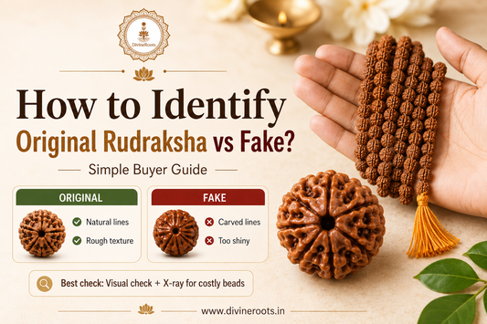Realistic Rudraksha beads and Rudraksha mala in hand with DivineRoots branding, showing simple buyer guide to identify original Rudraksha vs fake using natural lines, rough texture, carved lines and shine check