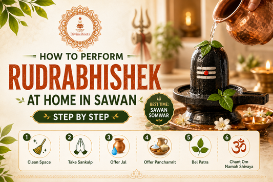 DivineRoots infographic showing Rudrabhishek at home in Sawan with Shivling Abhishek, copper kalash, Rudraksha Mala, Bel Patra, diya and simple step-by-step puja guidance including clean space, sankalp, jal, Panchamrit and Om Namah Shivaya chanting