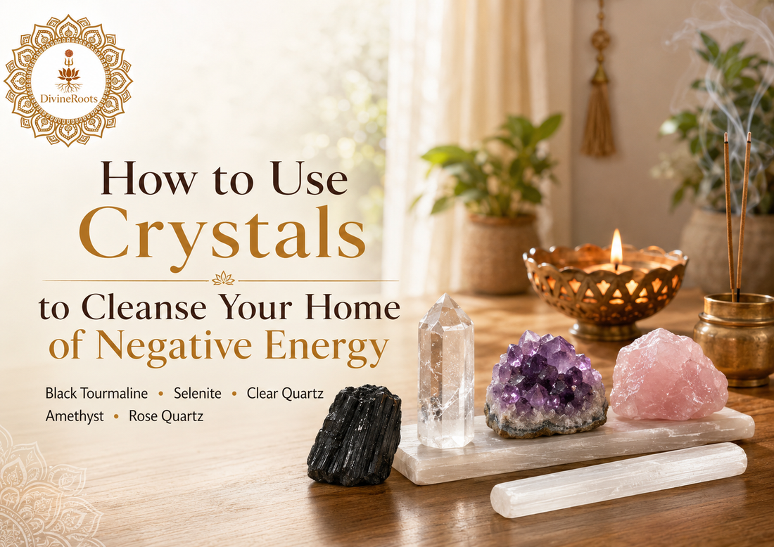 Black Tourmaline, Selenite, Clear Quartz, Amethyst and Rose Quartz crystals placed in a peaceful Indian home for cleansing negative energy, protection and harmony