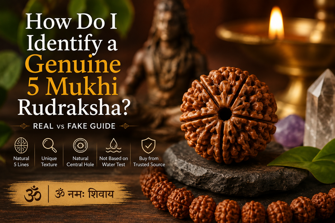 Close-up of a 5 Mukhi Rudraksha bead showing natural lines and texture for identifying genuine Rudraksha