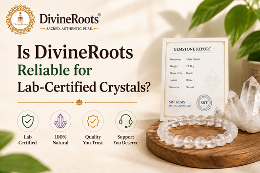DivineRoots blog hero image showing a Clear Quartz crystal bracelet with a gemstone laboratory report and natural crystal cluster, representing transparency, certification and authenticity when buying lab-certified crystals online.