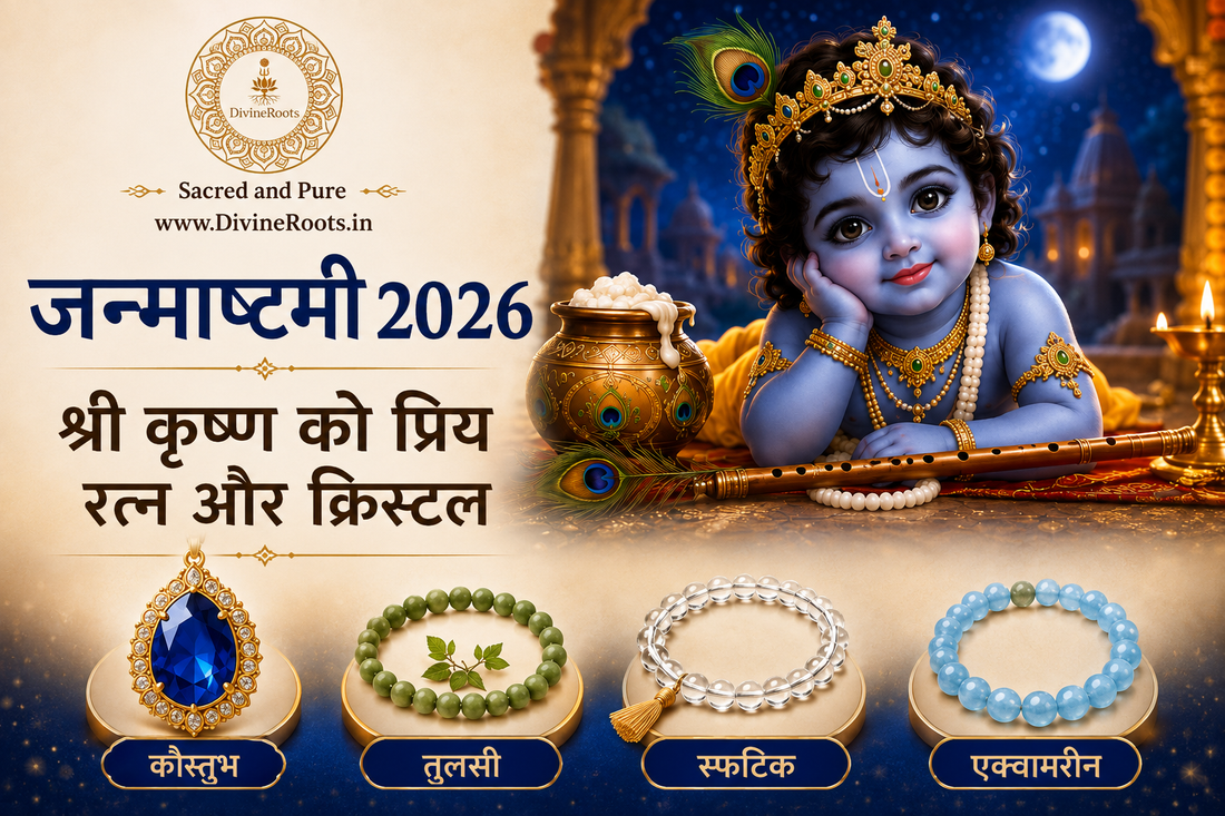 जन्माष्टमी 2026 के लिए DivineRoots blog hero image, जिसमें बाल श्री कृष्ण के साथ कौस्तुभ मणि, तुलसी, स्फटिक और Aquamarine जैसे devotional gemstone और crystal references दिखाए गए हैं।