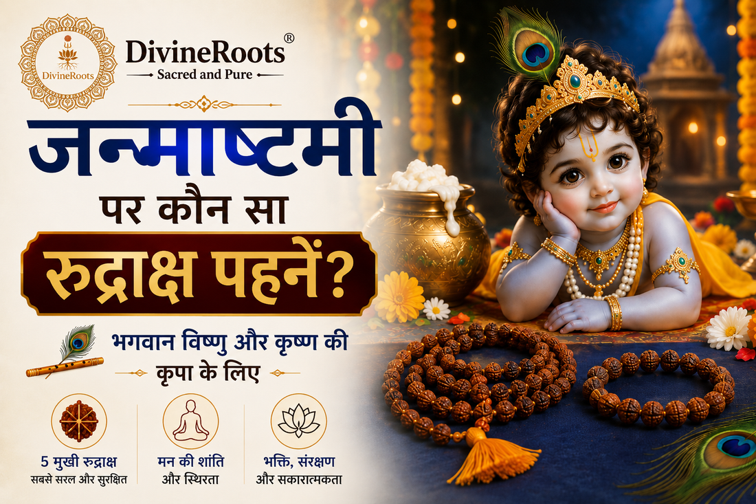 जन्माष्टमी पर कौन सा रुद्राक्ष पहनें विषय की DivineRoots blog hero image, जिसमें बाल श्री कृष्ण, 5 Mukhi Rudraksha mala, Rudraksha bracelet, माखन की मटकी और मोरपंख के साथ Vishnu-Krishna bhakti का devotional setup दिखाया गया है।