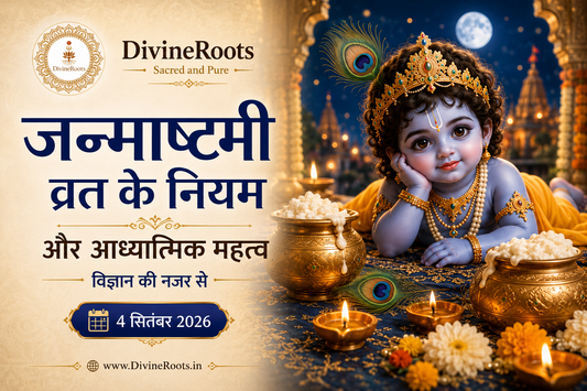 जन्माष्टमी व्रत के नियम और आध्यात्मिक महत्व विषय की DivineRoots blog hero image, जिसमें बाल श्री कृष्ण, माखन की मटकी, मोरपंख, दीपक और 4 सितंबर 2026 की जन्माष्टमी तिथि दिखाई गई है।