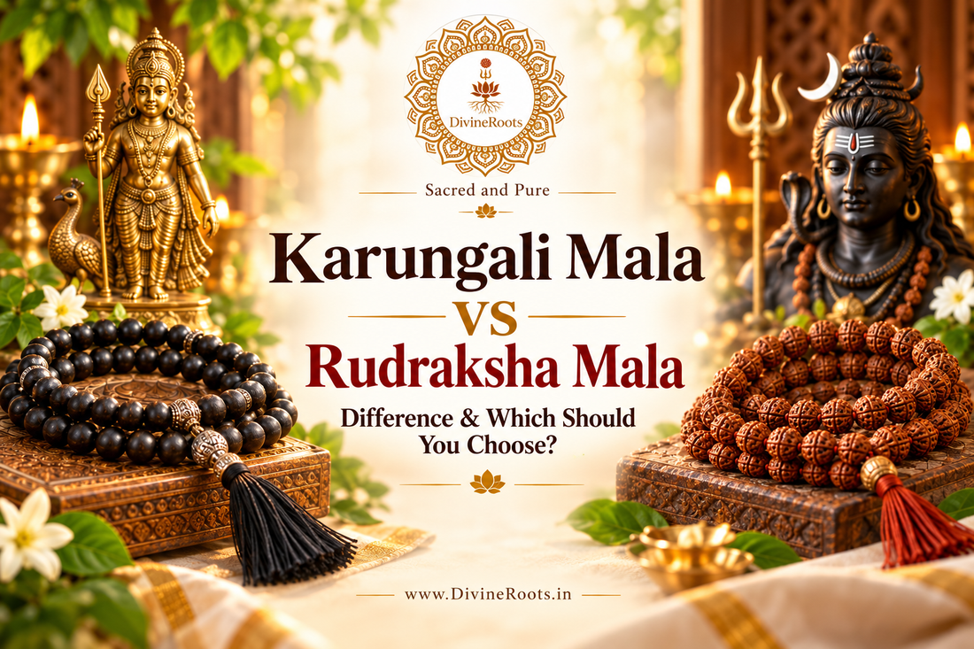 DivineRoots blog hero image comparing a dark Karungali ebony-wood mala with a natural Rudraksha mala in a devotional setting featuring Lord Murugan and Lord Shiva, explaining their material, spiritual tradition and which mala may suit different practices.