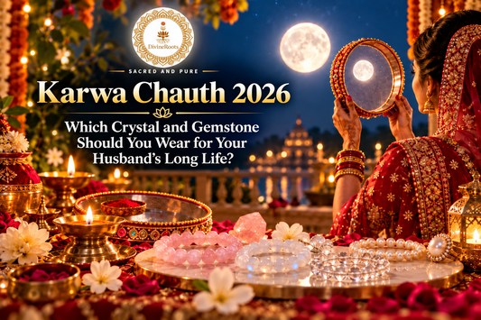 DivineRoots blog hero image for Karwa Chauth 2026 showing a married woman viewing the full moon through a decorated sieve, with Rose Quartz, Moonstone, Sphatik and Pearl arranged in a festive puja setting.