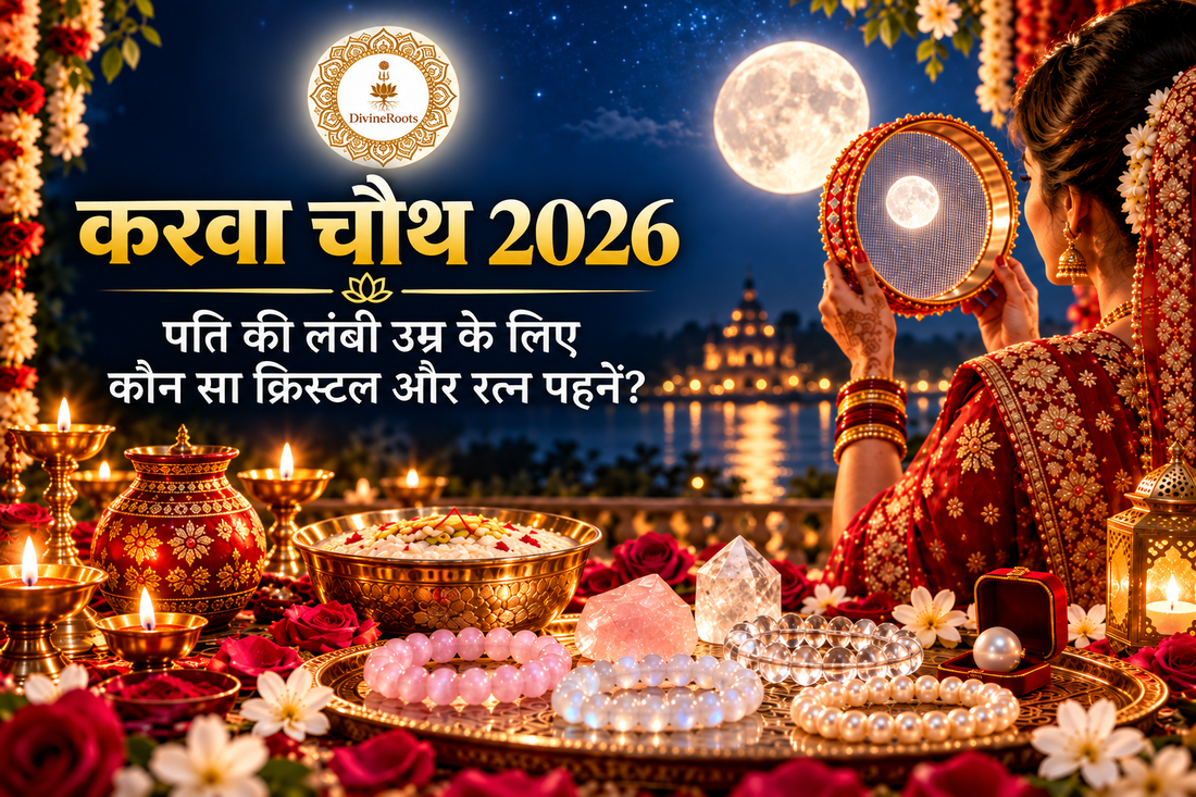 DivineRoots blog hero image for Karwa Chauth 2026 showing a married woman viewing the full moon through a decorated sieve, with Rose Quartz, Moonstone, Sphatik and Pearl arranged in a traditional festive puja setting.