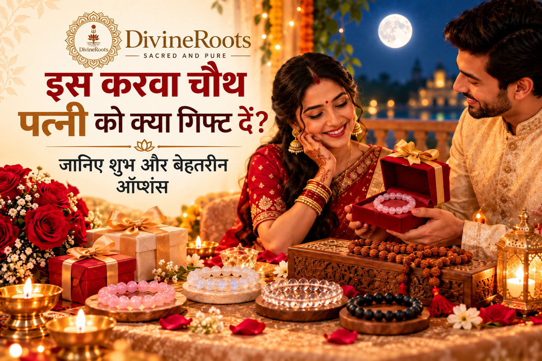 DivineRoots blog hero image for Karwa Chauth 2026 showing a husband gifting his wife a Rose Quartz bracelet, with festive décor, flowers, Moonstone, Sphatik, Karungali and Rudraksha spiritual gift options arranged in a warm moonlit setting.