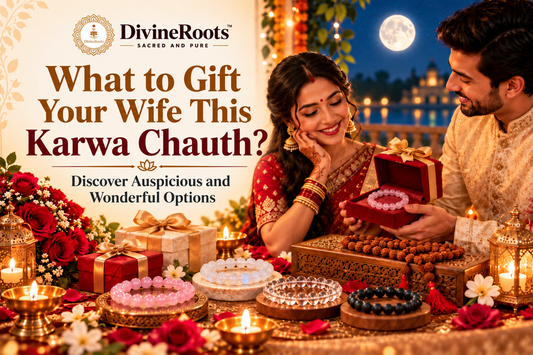 DivineRoots blog hero image for Karwa Chauth 2026 showing a husband gifting his wife a Rose Quartz bracelet, with festive décor, flowers, Moonstone, Sphatik, Karungali and Rudraksha gift options arranged in a warm moonlit setting.