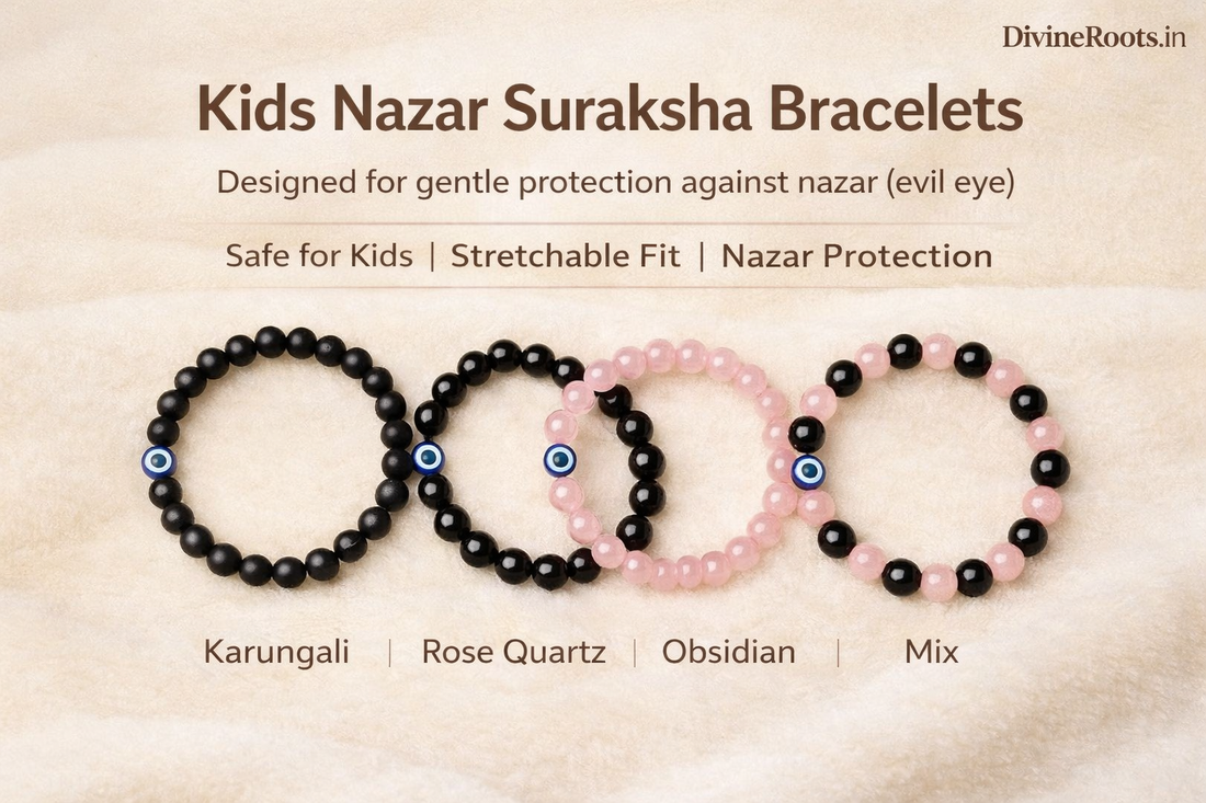 Kids nazar protection bracelets for children using rose quartz, obsidian and karungali beads for evil eye protection