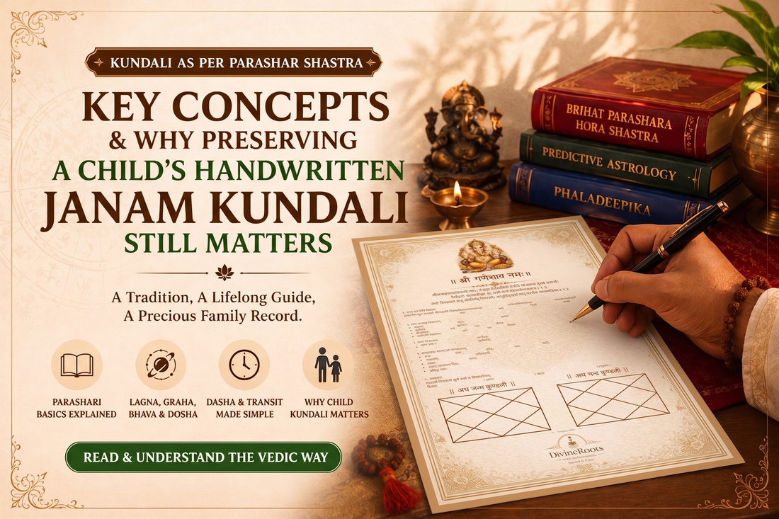 Kundali as per Parashar Shastra concept with handwritten Sanskrit Janam Kundali preparation and traditional Vedic astrology setup