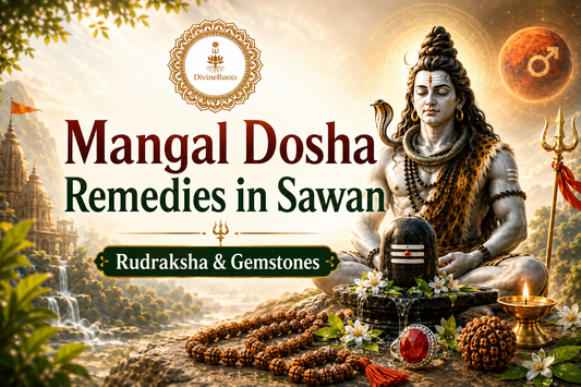 DivineRoots infographic showing Mangal Dosha remedies in Sawan with Lord Shiva, Shivling, Rudraksha Mala, Red Coral gemstone, diya, Mars symbol and spiritual temple background