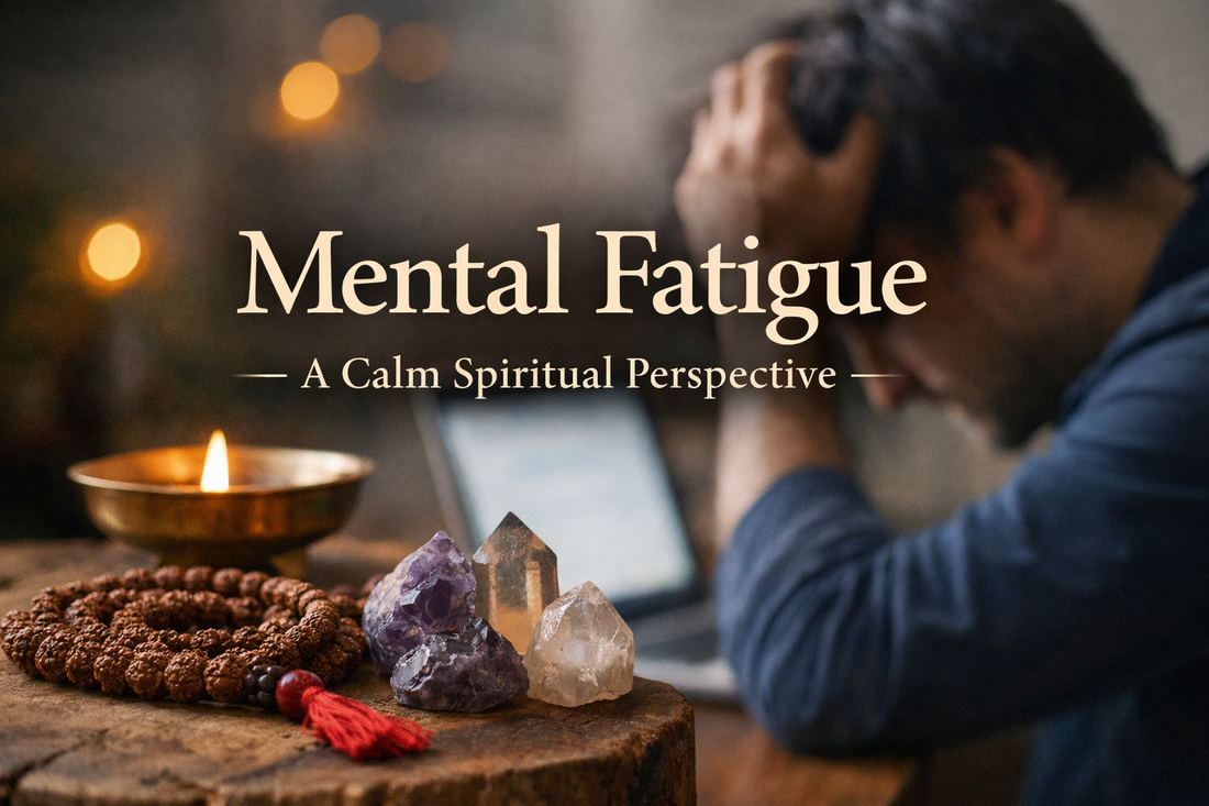 A calm indoor setting showing a person experiencing mental fatigue, with rudraksha beads, crystals, and a softly lit diya symbolizing mental rest and balance