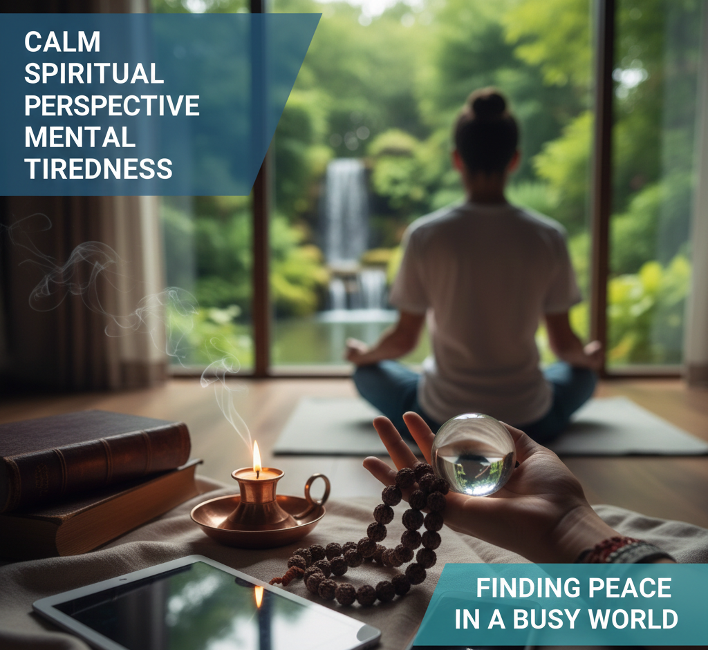 A person meditating in a calm indoor space with spiritual items like rudraksha mala and crystal, symbolizing mental calm and relief from mental tiredness