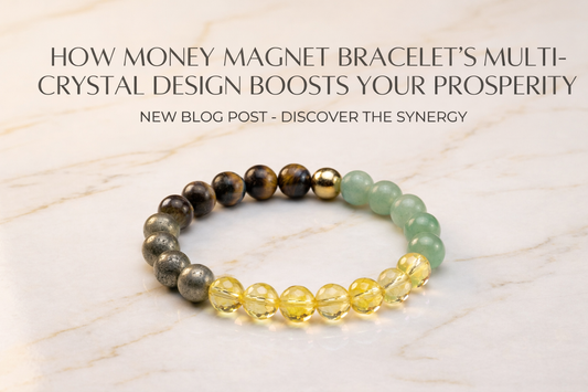A multi-crystal "Money Magnet" bracelet, featuring tiger's eye, aventurine, citrine, and pyrite beads, is presented on a white marble background.