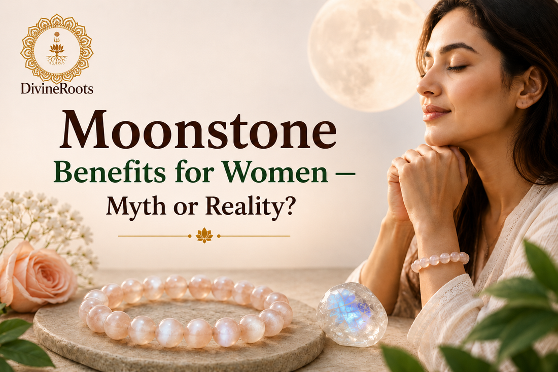 DivineRoots blog hero image showing a woman wearing a Moonstone bracelet with a glowing Moon and natural Moonstone crystals, representing the traditional symbolism and scientific reality behind Moonstone benefits for women.
