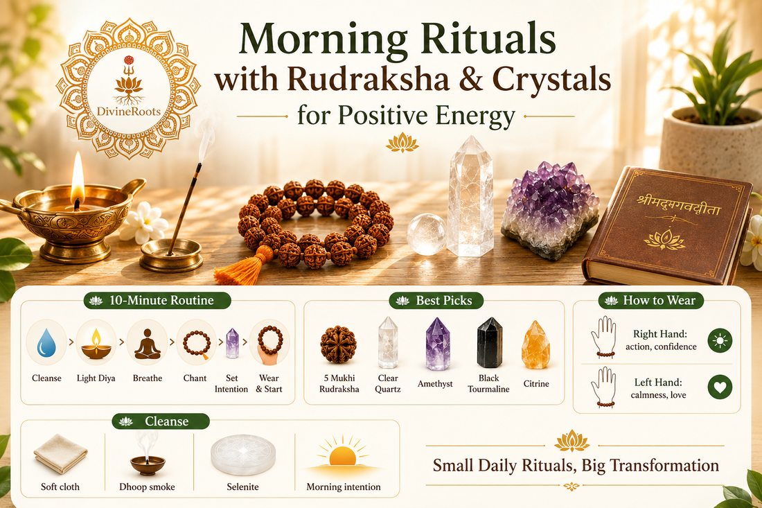 Morning spiritual ritual setup with Rudraksha Mala, Clear Quartz, Amethyst, Black Tourmaline, Citrine, diya, incense, Selenite Plate and DivineRoots branding for positive energy